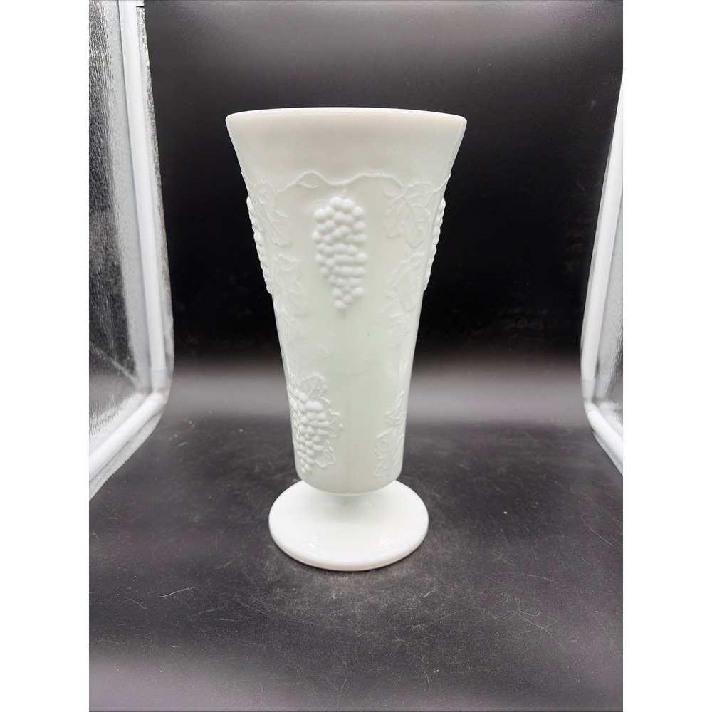 Vintage Milk Glass Footed Trumpet Vase Embossed Paneled Grape White 8.25 Inch